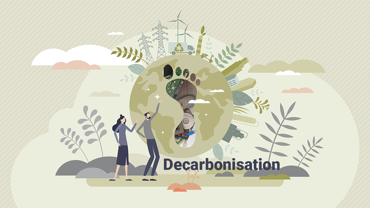 Decarbonisation people looking at a globe with a footprint containing waste I.T. dreaming of a greater future